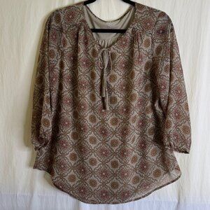St Johns Bay Women's Earth Tones Medallion Print Peasant Boho Blouse Sz L
